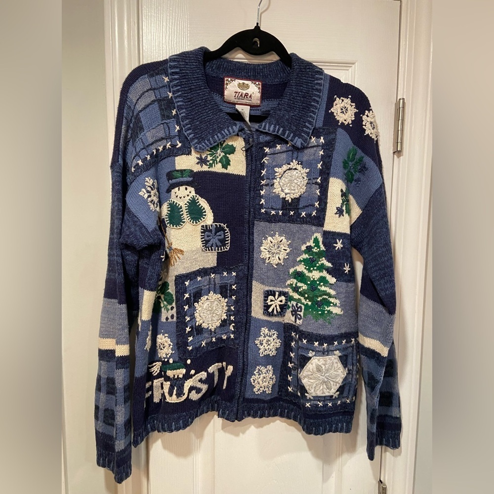 VTG Tiara International Size M Frosty Snowman Christmas Sweater Patchwork Beaded